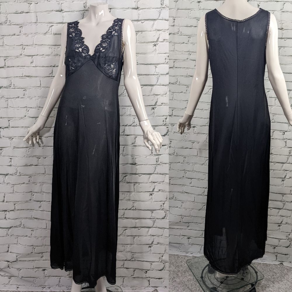Vintage nylon slip dress, black satin nightgown lace trim maxi sexy size 42/44